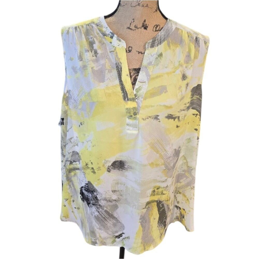 DKNY Abstract Artistic Yellow and Gray Sleeveless Blouse Plus Size 2X New